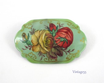 Russian Rose Brooch Red Yellow Hand painted Vintage