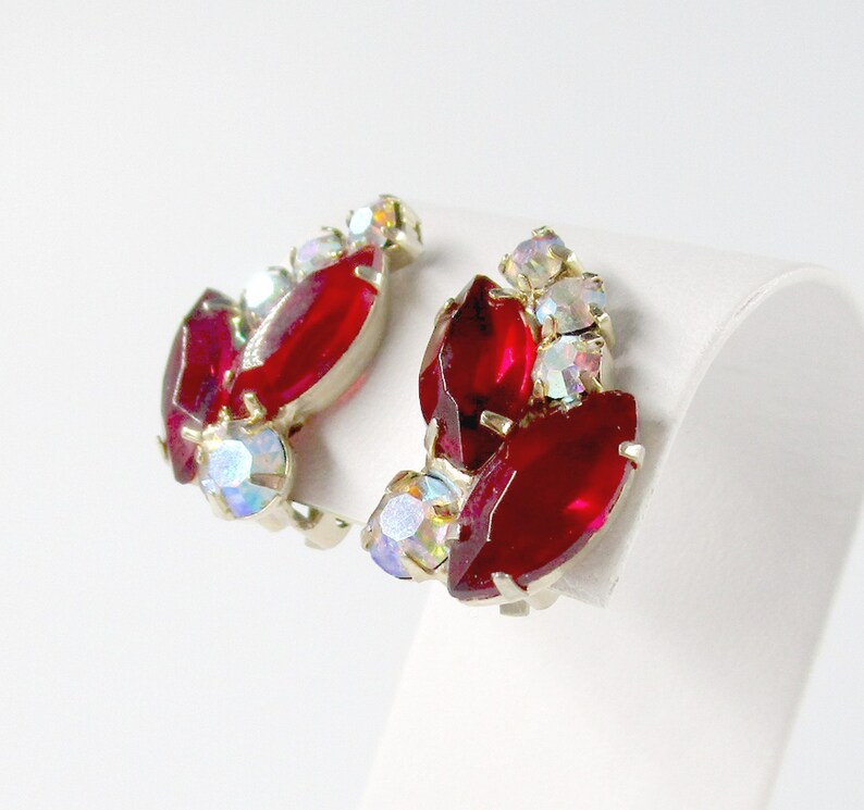 Red Rhinestone Earrings Silver tone Clip On