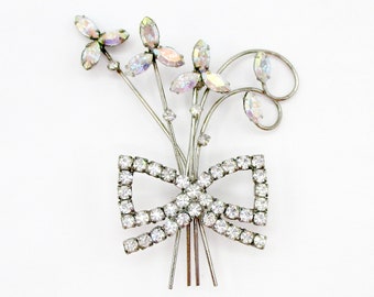 Vintage Rhinestone Floral Bow Brooch 1960