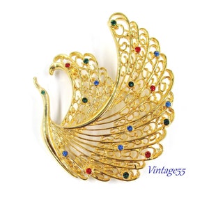 Rhinestone Bird Brooch Gold tone Filigree Vintage Large
