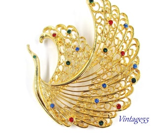 Rhinestone Bird Brooch Gold tone Filigree Vintage Large