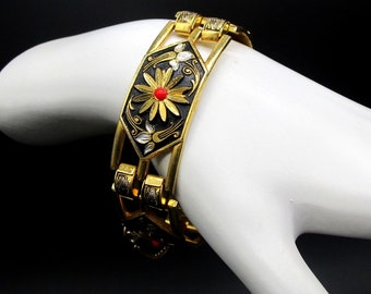 Damascene Bracelet Gold tone Black 7"