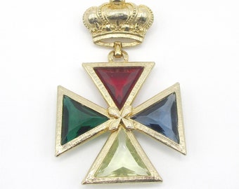 Maltese Cross Crown Brooch Pendant Gold tone