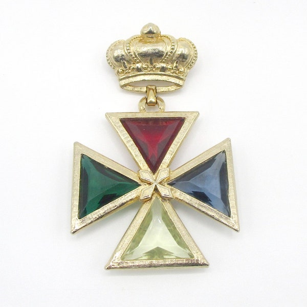 Maltese Cross Crown Brooch Pendant Gold tone