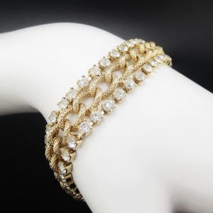 Rhinestone Bracelet Gold tone Textured links
