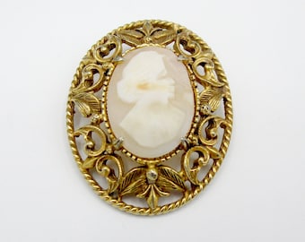 Florenza Cameo Brooch Gold tone Genuine Carved Shell