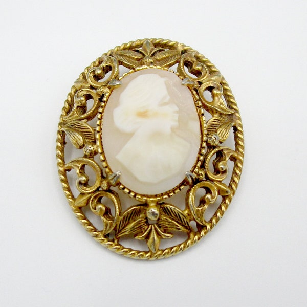 Florenza Cameo Brooch Gold tone Genuine Carved Shell