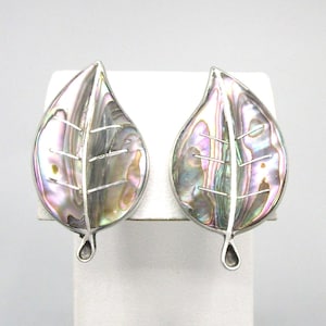 Sterling Leaf Earrings Abalone Mexico Screw Back