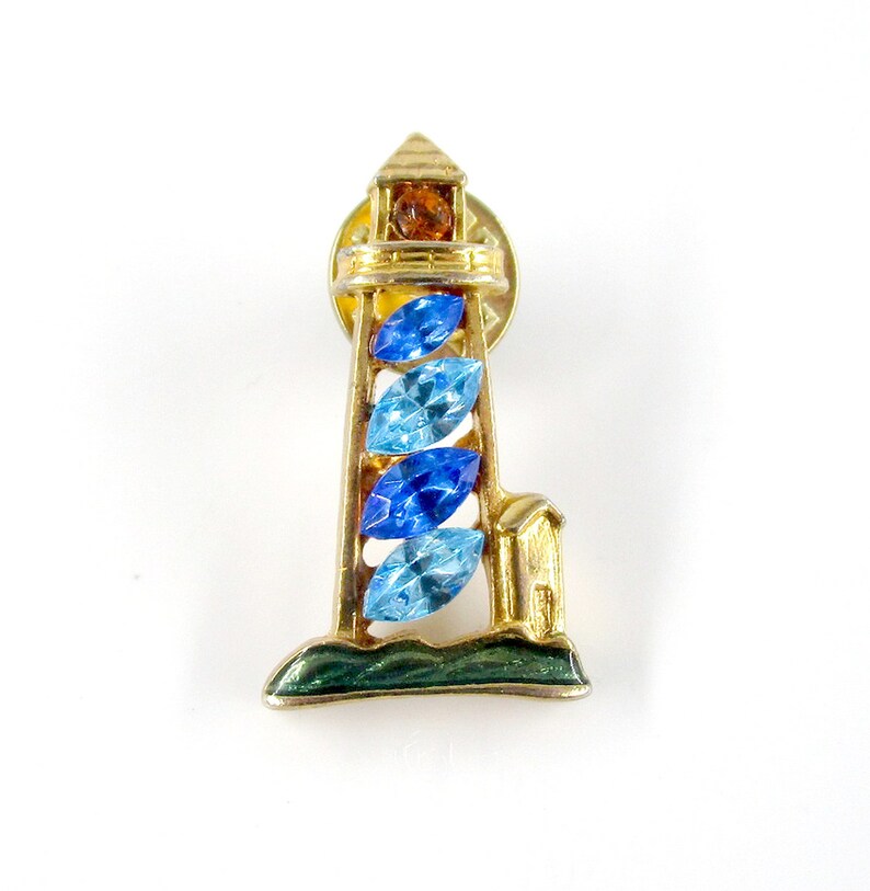 Rhinestone Lighthouse Tie Tac Blue Gold tone Enamel
