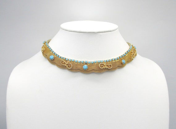 Mesh Collar Necklace Turquoise Glass Vintage 16" - image 7