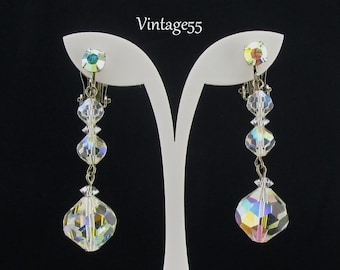 Beaded Earrings Aurora Borealis Bead Drop clip on Vintage