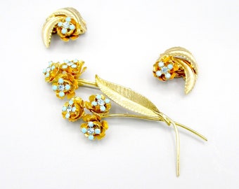 Turquoise Glass Floral Brooch Set Earrings Clip On