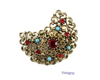 Victorian Revival Brooch Scrolled Crescent Rhinestone