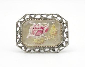 Rose Brooch Reverse Painted Glass 1920