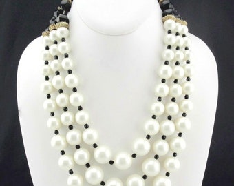 Beaded Necklace Black White 3 Strand Vintage