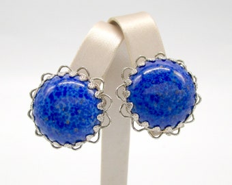 Earrings Blue Art Glass Imitation Lapis Clip on Silver tone