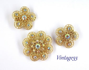 Rhinestone Brooch Set Filigree Floral Aurora Borealis