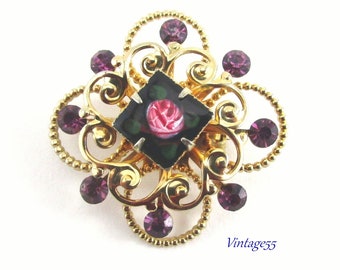 Brooch Pink Rose Purple Rhinestone Hand painted