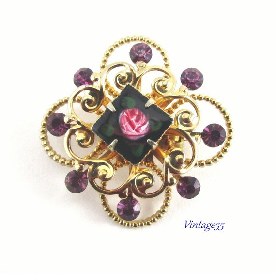 Brooch Pink Rose Purple Rhinestone Hand painted - image 1