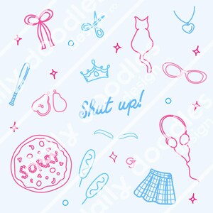 Peut inclure: Un motif de gribouillis bleu et rose avec divers objets, dont une pizza avec le mot "D&eacute;sol&eacute;" dessus, une couronne, un chat, une paire de lunettes, une batte de baseball, des poires, un n&oelig;ud, des ciseaux, des &eacute;couteurs, des hot-dogs, une jupe et le texte "Chut !"