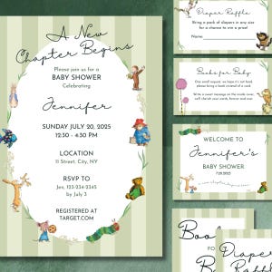A New Chapter Begins Baby Shower Invitation Bundle | Storybook Baby Shower Canva Templates | Printable Invite, Inserts & Signs