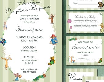A New Chapter Begins Baby Shower Invitation Bundle | Storybook Baby Shower Canva Templates | Printable Invite, Inserts & Signs