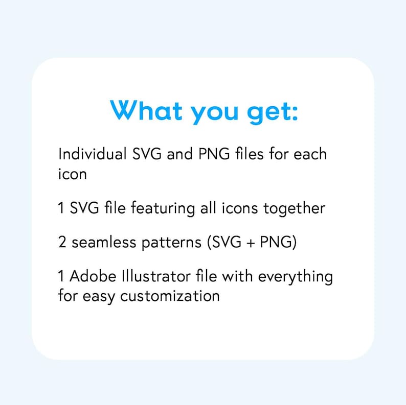 Peut inclure: Texte qui indique "Ce que vous obtenez :" suivi d'une liste de fichiers num&eacute;riques inclus dans un achat&nbsp;: des fichiers SVG et PNG individuels pour chaque ic&ocirc;ne, un fichier SVG regroupant toutes les ic&ocirc;nes, deux motifs sans couture en format SVG et PNG, et un fichier Adobe Illustrator avec tout pour une personnalisation facile.