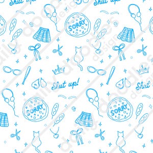 Peut inclure: Un motif sans couture compos&eacute; de dessins au trait bleus de divers objets sur un fond blanc. Les objets comprennent une pizza avec le mot "SORRY" dessus, un casque audio, une jupe, un chat, une couronne, une paire de lunettes, une batte de baseball, une paire de poires, un collier avec un pendentif en forme de c&oelig;ur, un n&oelig;ud, une paire de ciseaux et les mots "Shut up!"
