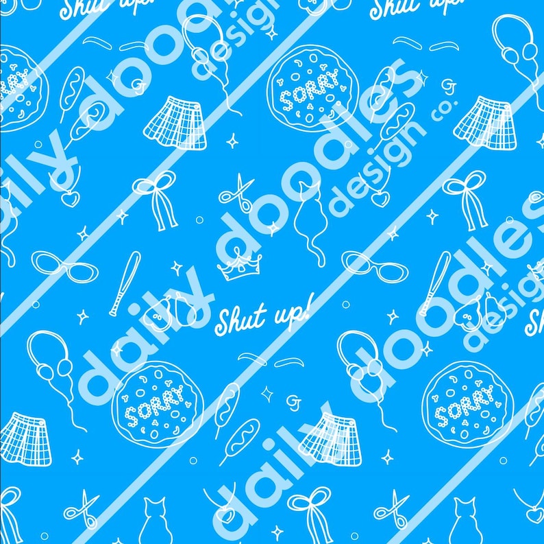 Peut inclure: Un fond bleu avec des gribouillis blancs de divers objets, y compris une couronne, une paire de lunettes de soleil, une batte de baseball, un n&oelig;ud, une paire de ciseaux, une part de pizza avec le mot "D&eacute;sol&eacute;" dessus, une jupe, un hot-dog, un chat et le texte "Chut!" r&eacute;p&eacute;t&eacute; dans tout le motif.