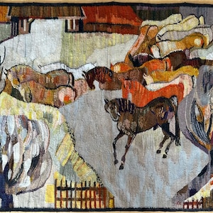 HUGE GOBELIN by Piotr GRABOWSKI in perfect condition! Cepelia Opolska wool tapestry, 70s Polish kilim carpet, 64&quot;x 40 &quot;/ 162 x 102 cm Poland