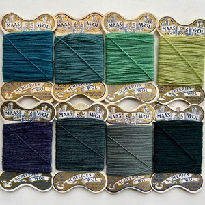 8 carte di filato per rammendo visibile, diversi colori verde-blu, filo di lana per rammendo, vintage anni '70 New Old Stock, Dutch Scheepjes Maaswol