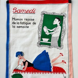 Ręcznik kuchenny z lat 60., NOWY stan, lniany materiał francuski z lat 60., zabawna ozdoba ścienna, „Samedi” / „Sobota”, 66 x 49 cm / 26 x 19,2"