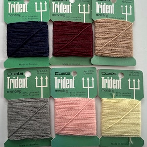 vintage mending yarn, set of 6 colors New Old Stock wool cards, darning thread, 1970s Dutch TRIDENT sock yarn