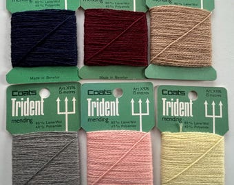 vintage mending yarn, set of 6 colors New Old Stock wool cards, darning thread, 1970s Dutch TRIDENT sock yarn