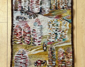 large GOBELIN by Piotr GRABOWSKI, Cepelia Opolska wool tapestry, 1970s Polish kilim carpet, 59"x 28 "/ 150 x 70 cm Poland