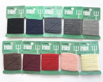 10 colors New Old Stock wool cards, darning thread, 1970s Dutch TRIDENT, vintage visible mending yarn, sock repair