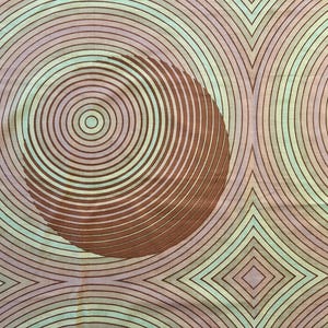May include: Abstract pattern with concentric circles in shades of brown, pink, and green. The circles are layered on top of each other, creating a sense of depth and movement.
