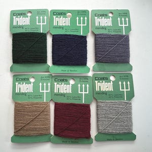 set of 6 colors vintage mending yarn, New Old Stock wool cards, darning thread, 1970s Dutch TRIDENT sock yarn