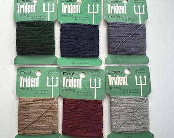 set of 6 colors vintage mending yarn, New Old Stock wool cards, darning thread, 1970s Dutch TRIDENT sock yarn
