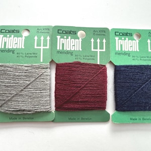 lot de laine à raccommoder vintage, cartes de laine New Old Stock 3 couleurs, fil à repriser, laine à chaussettes TRIDENT néerlandaise des années 1970