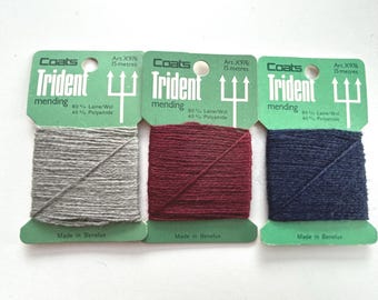 set vintage mending yarn, 3 colors New Old Stock wool cards, darning thread, 1970s Dutch TRIDENT sock yarn