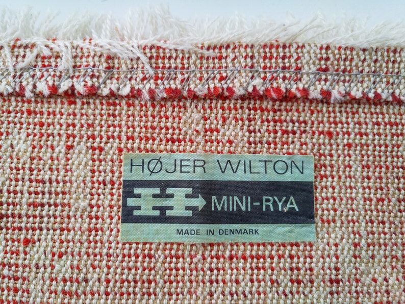 with label 1960s Danish Rya Rug by Hojer Eksport Wilton, wool tapestry from Denmark, Scandinavian wall hanging, vintage midcentury carpet image 3