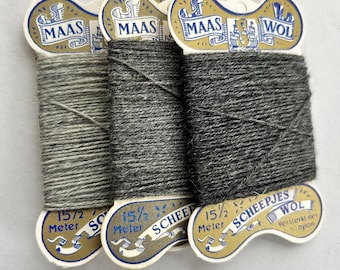3 gray colored wool cards for visible melding and other projects, 1970s new old stock from a former haberdashery shop