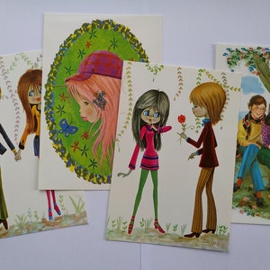 set of 4 vintage BIG EYE postcards / UNUSED 70s cards / retro kitsch card / big eyes