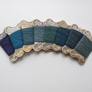 8 cards visible mending yarn, different green - blue colors, wool darning thread, 1970s vintage New Old Stock, Dutch Scheepjes Maaswol