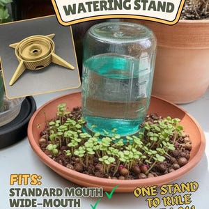 Op de afbeelding: Een microgreen waterstandaard met een heldere glazen pot gevuld met water, geplaatst in een terracotta-kleurige schaal met aarde en spruiten. De standaard is goudkleurig en heeft een uniek ontwerp. Tekst op de afbeelding luidt "Microgreen Watering Stand" en "One Stand to Rule Them All."