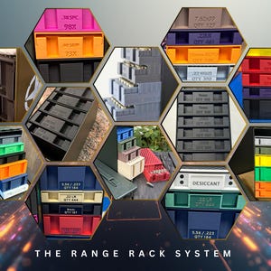 This image is a composite image showing a multitude of different product offerings from NewSpark Labs on Etsy.  There are many ammo organizers shown, of a wide variety of colors chosen by customers.
