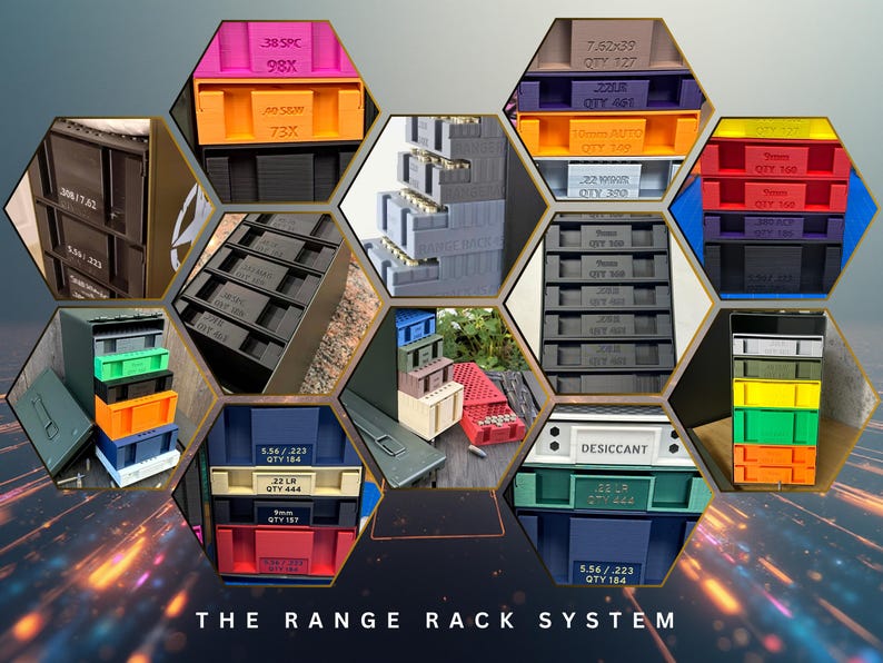 This image is a composite image showing a multitude of different product offerings from NewSpark Labs on Etsy.  There are many ammo organizers shown, of a wide variety of colors chosen by customers.