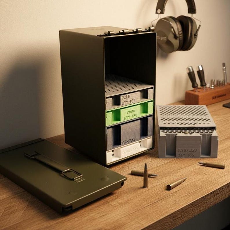 On the table there is a metal ammo can outfitted with 3D printed ammo organizer trays made by the company called NewSpark Labs.  They sell ammo organizers and other gadgets on Etsy at etsy.newsparklabs.com