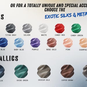 May include: A color chart displaying various bead options labeled Silks and Metallics. The Silks section includes gold, titan gray, silver, white, candy red, candy green, mint, blue, baby blue, purple, rose gold, pink, and champagne. Metallics include cobalt blue, oxide green, iridium gold, copper brown, and iron gray.